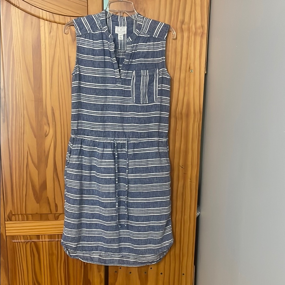 CASLON CHAMBRE STRIPE 100% LINEN DRESS SLEEVELESS SIDE POCKETS DRAWSTRING WAIST